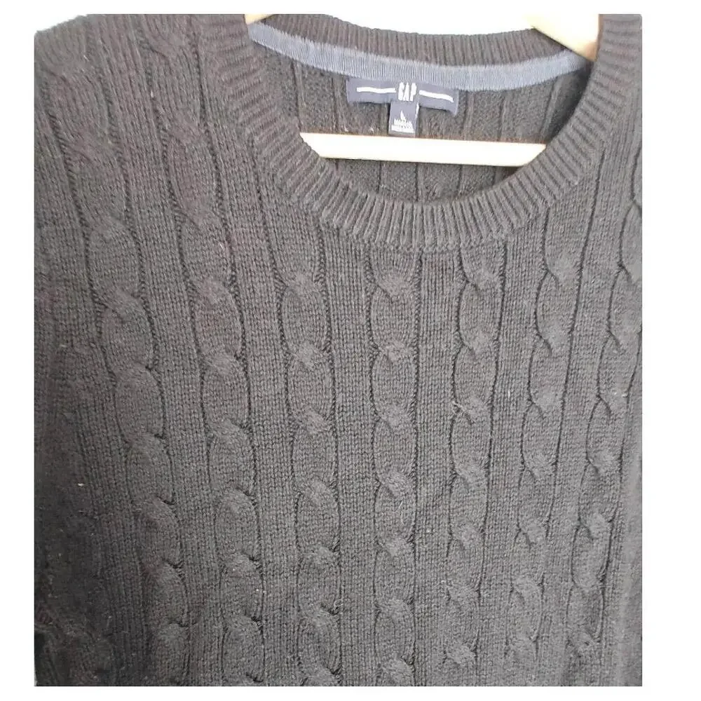 GAP Sweater Cable Knit Black‎  Long Sleeve Crew Neck Cozy Large L Angora Blend